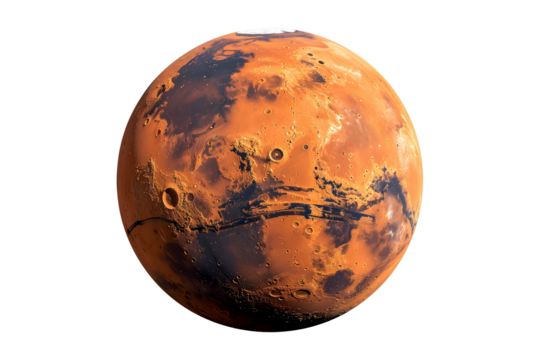 Red planet with vast canyons and craters against black void mars space, Isolated, Transparent Png