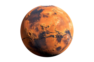 Red planet with vast canyons and craters against black void mars space, Isolated, Transparent Png