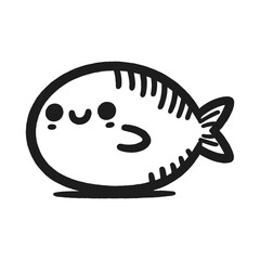 Smiling cartoon fish with blush marks in monochrome line drawing style, vector