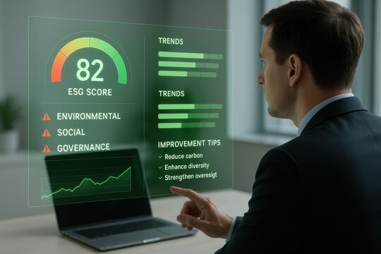 Executive reviewing ESG performance dashboard with environmental, social, and governance metrics and improvement tips
