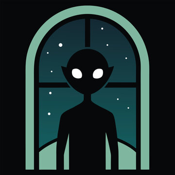 A lonely alien with glowing eyes gazes through a window at the stars
