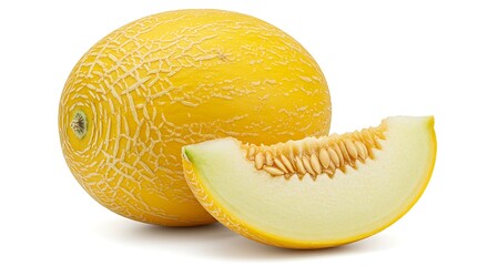 An isolated image of a beautiful yellow melon and a cut piece, ready for use in a recipe or nutrition content.