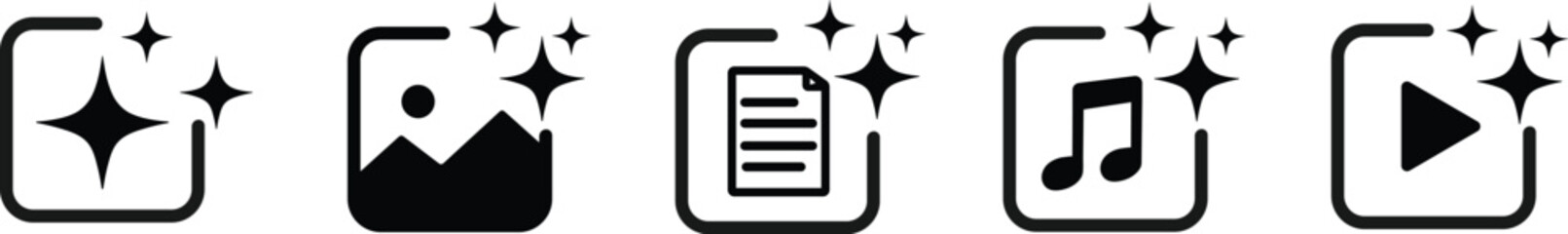 AI icons set. Generate files -image, text, audio, video with Artificial Intelligence.