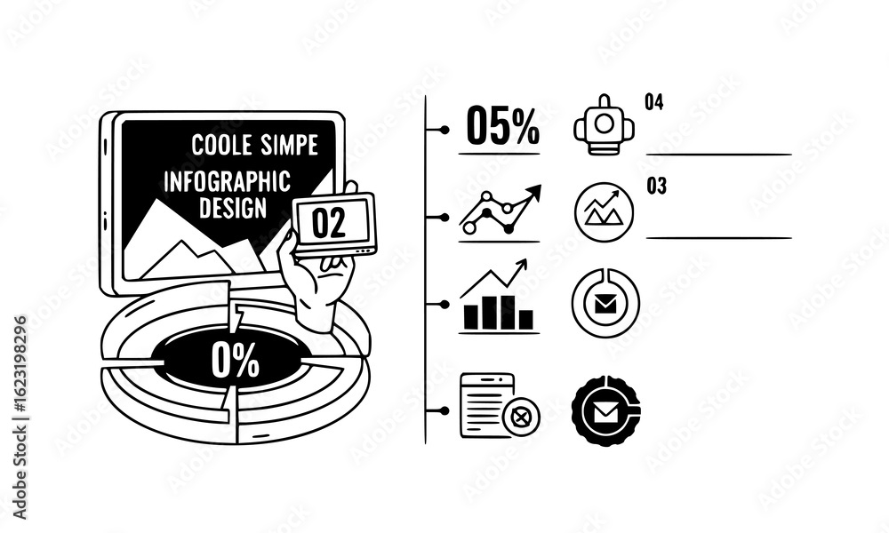 Poster infographic design on computer screen with data charts and progress metrics, isolated on white backg
