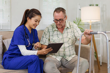 Senior man, doctor or Nurse and clipboard for discussion, healthcare checkup in nursing home....