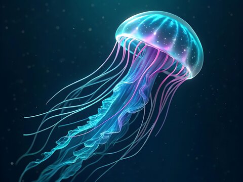 A mesmerizing jellyfish gracefully swims in the deep blue ocean, its bioluminescent body glowing with neon colors, creating a dreamlike underwater scene