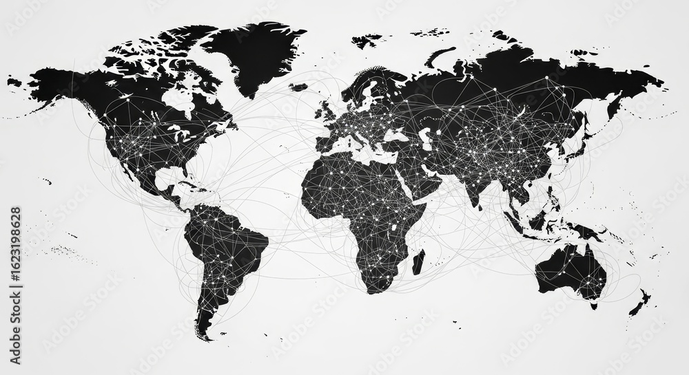 Poster global network connections map - world map illustrating interconnectedness via lines showing global 