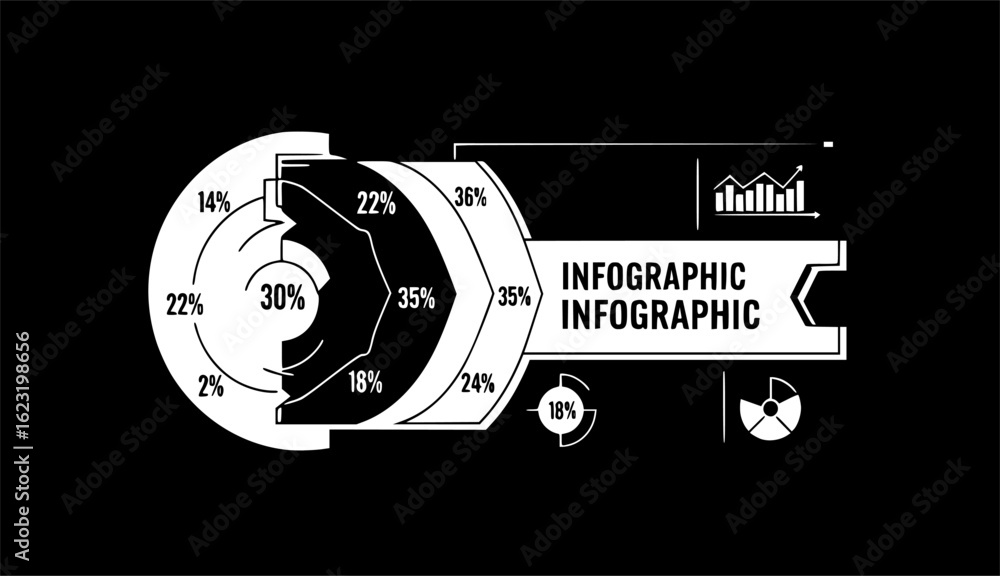 Poster modern infographic with circular and bar charts for data analysis and business insights