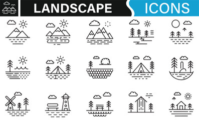 Vector Illustrations of Mountains, Trees, and Sun for Scenic Landscape Designs