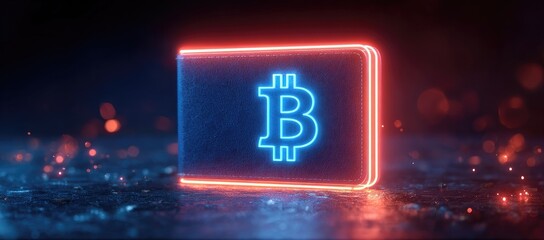 Bitcoin wallet icon glows with neon lights on dark surface