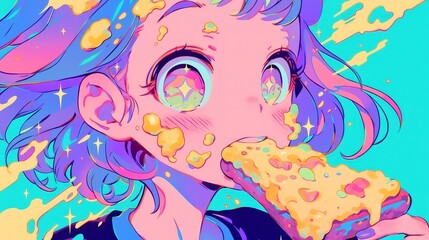 Cheerful animated girl enjoying pizza, colorful hair and big eyes, vibrant background, perfect for food or fun themes.