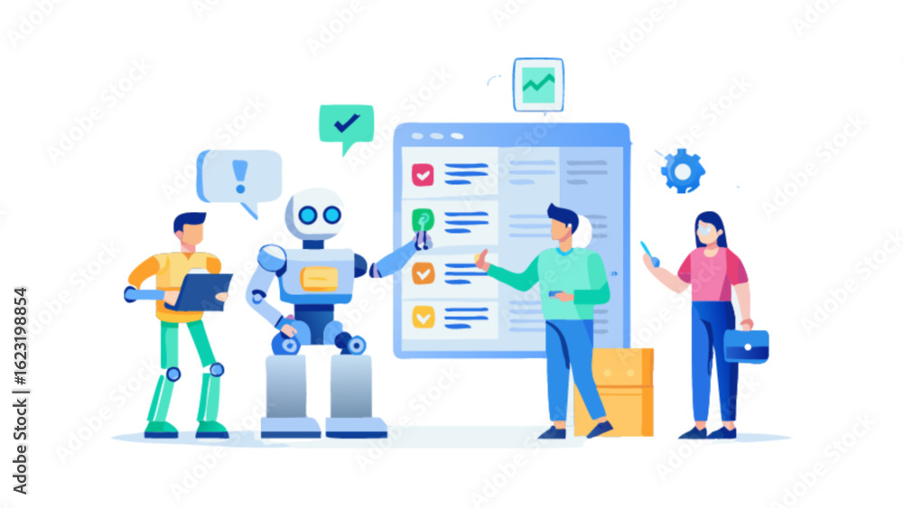Wall mural ai automation robot working with team illustration artificial intelligence business technology conce