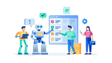 Ai automation robot working with team illustration artificial intelligence business technology concept