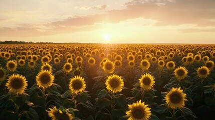 Fototapeta premium Vast sunflower field at sunset.