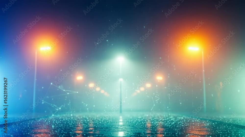 Poster a serene misty night scene featuring glowing streetlights reflecting on a wet pavement creating a tr