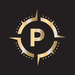 Compass Logo Combine With Letter P Vector Template
