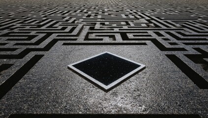 A vast, stone labyrinth floor with a square, star-filled void