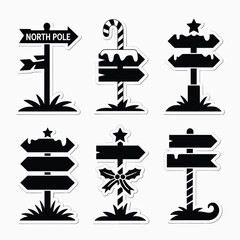 Christmas Signpost Silhouette Bundle featuring 6 unique black silhouettes of festive signposts on a pure white background 
