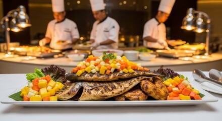 Obraz premium Grilled Fish with Tropical Fruit Salsa - Delicious grilled fish topped with a vibrant mango, papaya, and carrot salsa. Served with grilled chicken. Perfect for a buffet or restaurant setting