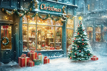 Christmas card with a Christmas tree and gifts in front of a store, vintage-style.