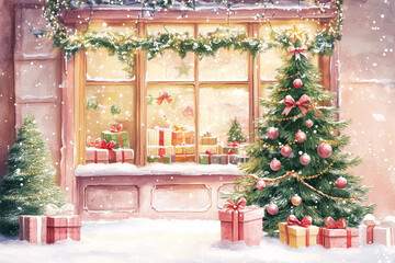 Christmas store window with a Christmas tree and gifts outside, a cozy atmosphere, pastel colors.