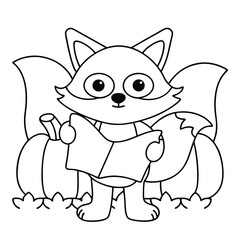 Cartoon fox reading scroll with pumpkins animal