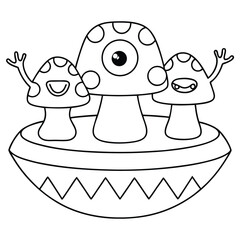 Cartoon mushrooms with faces and arms waving on a circular platform monsters cute