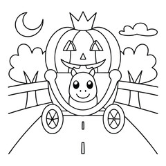 Cartoon pumpkin carriage with friendly ghost driver on road at night halloween