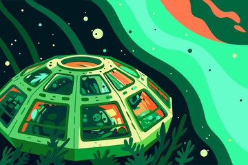 A half-destroyed space station drifting near a black hole, with overgrown alien flora inside its broken domes.