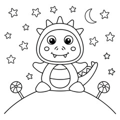 Cute baby dragon in costume with stars and moon halloween