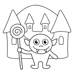 Cartoon vampire holding lollipop staff in front of castle halloween