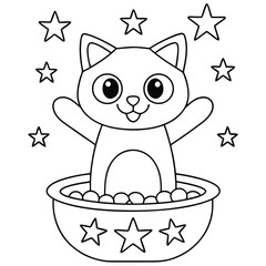 Cute cartoon cat with stars in a bowl kitten