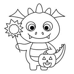 Cute cartoon dragon holding pumpkin and magic wand Halloween