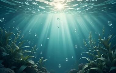 Fototapeta premium Dreamy Underwater Plants Illuminated by Sunlight Beams ‎