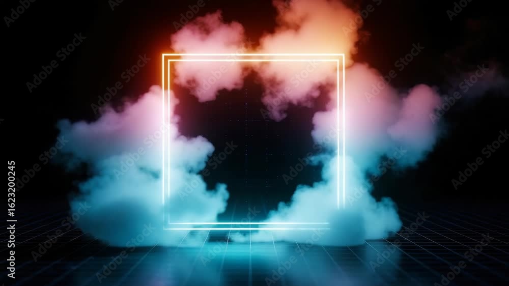 Poster a vibrant neon square frame surrounded by colorful smoke set against a dark background with a grid p
