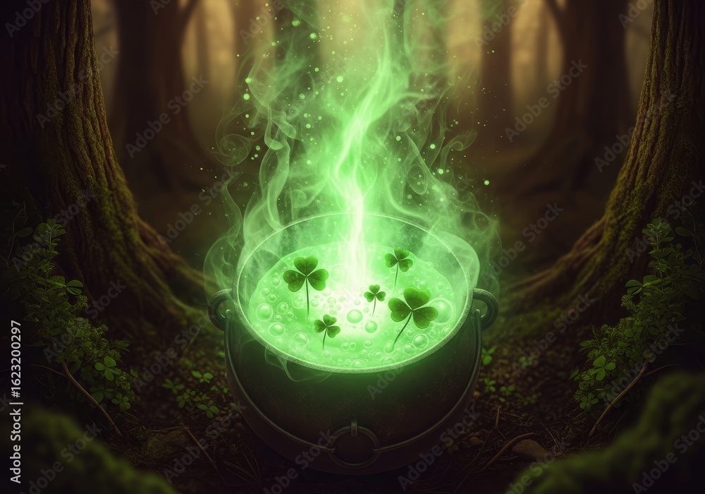 Poster magical green potion in forest - glowing green potion bubbles in a cauldron, surrounded by mystical 