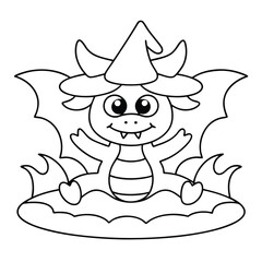 Cute dragon wearing witch hat with outstretched wings cartoon