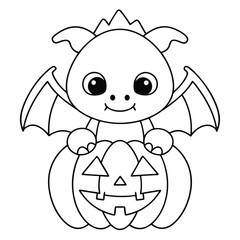 Cute dragon with wings holding a jack o lantern cartoon halloween