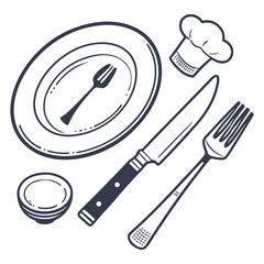 Fototapeta premium A chef s hat plate with fork knife and small bowl arranged for a meal