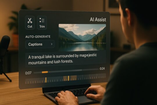 Content creator using AI-powered video editing software to auto-generate captions with timeline and scene preview
