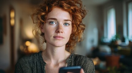 Thoughtful woman holding a phone showing moodtracking data in medium shot foreground sharp while room background blurs illustrating digital tools empowering maternal mental