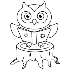 Cute owl reading a book on a tree stump vector