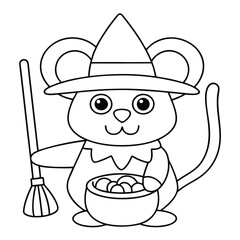 Cute witch mouse with broom and candy witch hat cauldron