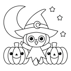 Cute witch with pumpkins and moon halloween stars