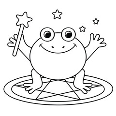 Happy frog with magic wand and stars on pentagram vector