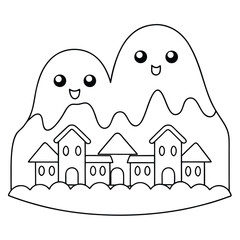 Kawaii Mountains With Houses cartoon cute