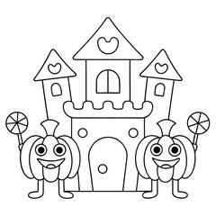 Laughing pumpkins guard haunted candy castle with lollipops halloween