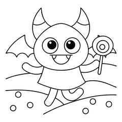 Little demon child with wings holding lollipop skipping on candy path vector