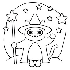 Spooky wizard cat conjuring stars in a glowing circle magic