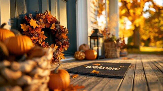 Symmetrical front porch decorated for autumn with a classic deep green wooden door, orange leaf wreath, and small pumpkins arranged on steps. Autumn - Powered by Adobe
